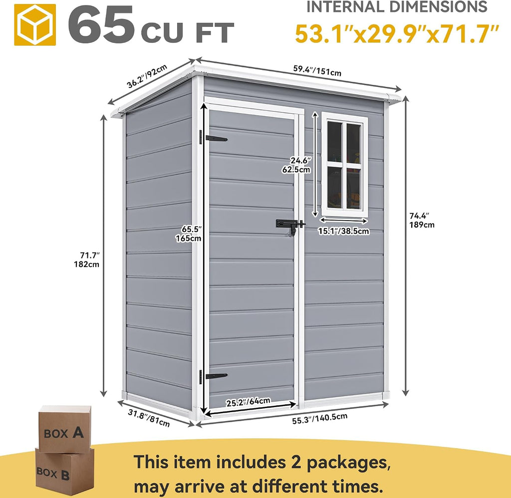 DWVO 5x3 FT Outdoor Storage Shed with Reinforced Floor, All-Weather Resin Storage Shed with Lockable Door & Window, Waterproof Plastic Tool Storage for Garden, Backyard, Patio, Lawn, Gray