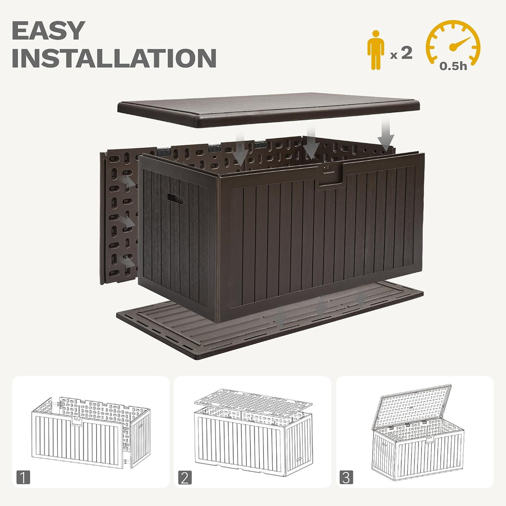 DWVO 180 Gallon Double-Wall Deck Box, XL Large Resin Outdoor Storage Box, Lockable & Waterproof, Double as Seating, 1000lbs Capacity (Brown)