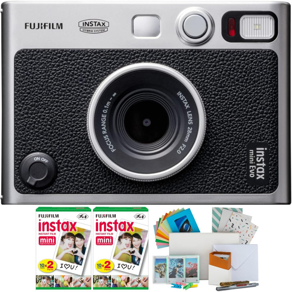 Fujifilm Instax Mini EVO Hybrid Digital/Instant Film Camera (Black) with Fujifilm Instax Mini Instant Film Pack (40 Exp) + Photo Box, Frames and Postcard Set Bundle