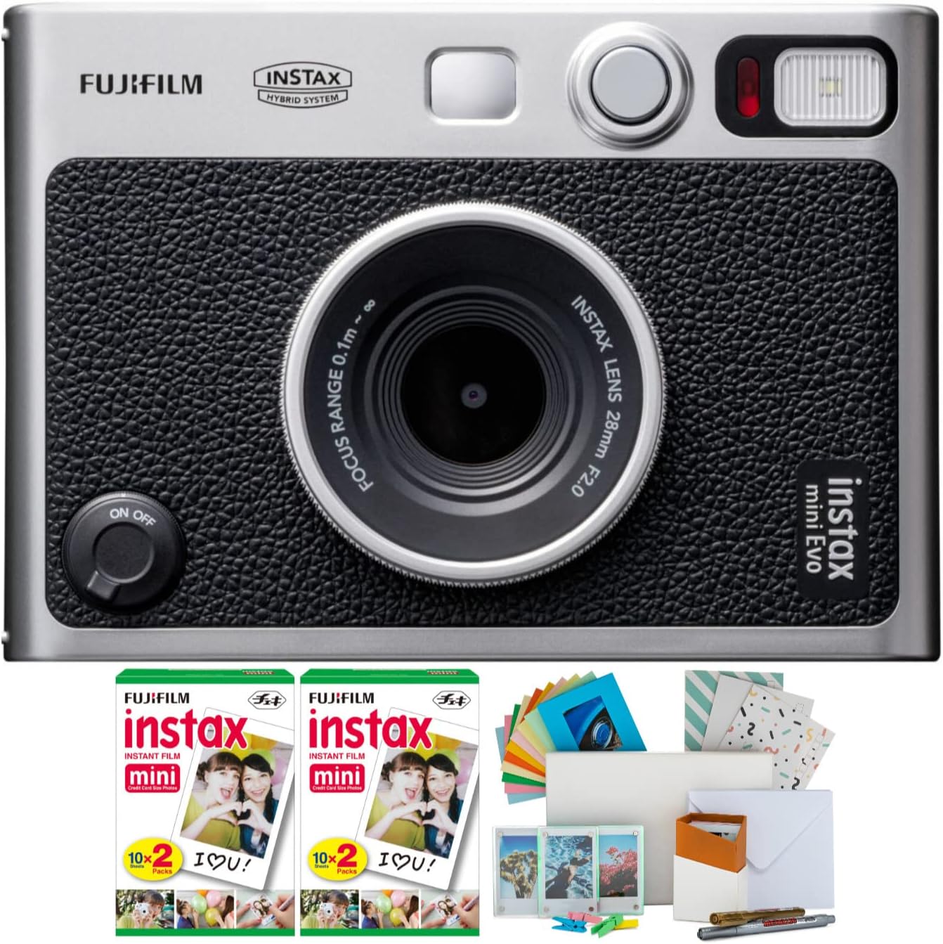 Fujifilm Instax Mini EVO Hybrid Digital/Instant Film Camera (Black) with Fujifilm Instax Mini Instant Film Pack (40 Exp) + Photo Box, Frames and Postcard Set Bundle