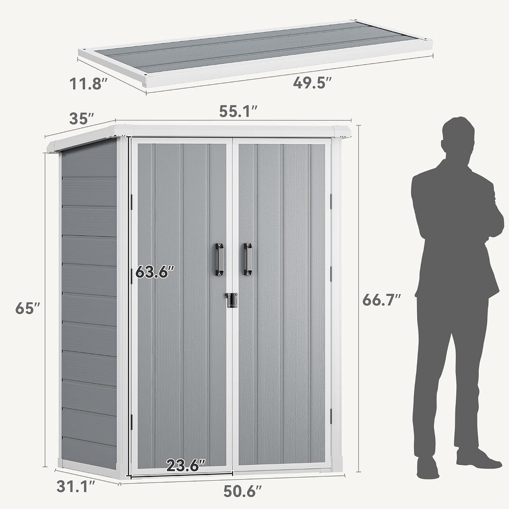 DWVO Outdoor Tall Storage Shed 60 Cuft with 2 Shelves, 5X3FT Vertical Tool Shed with Floor & Lockable Doors, Sturdy Double-Wall Plastic Cabinet for Garbage Cans and Garden Storage