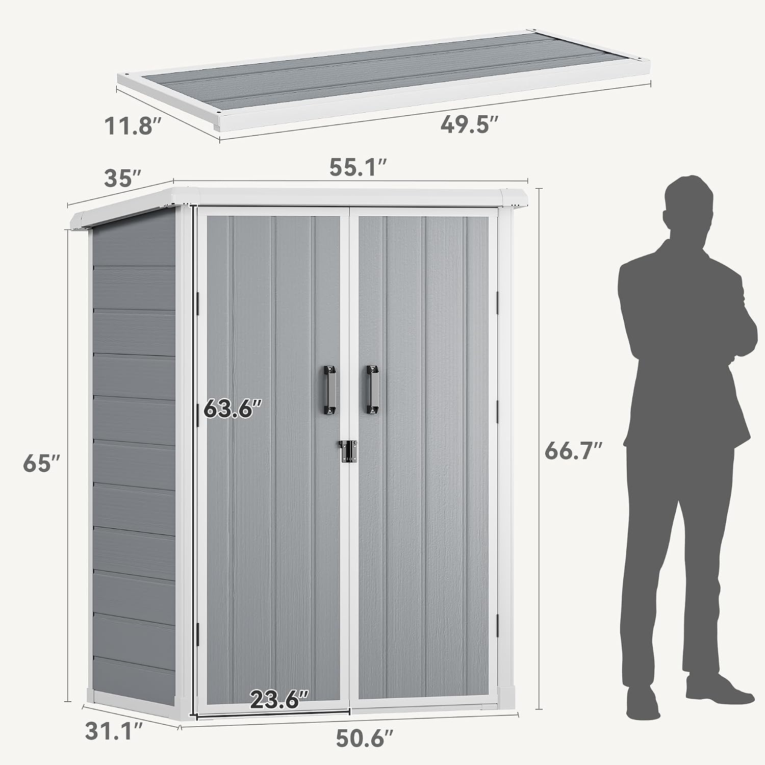 DWVO Outdoor Tall Storage Shed 60 Cuft with 2 Shelves, 5X3FT Vertical Tool Shed with Floor & Lockable Doors, Sturdy Double-Wall Plastic Cabinet for Garbage Cans and Garden Storage