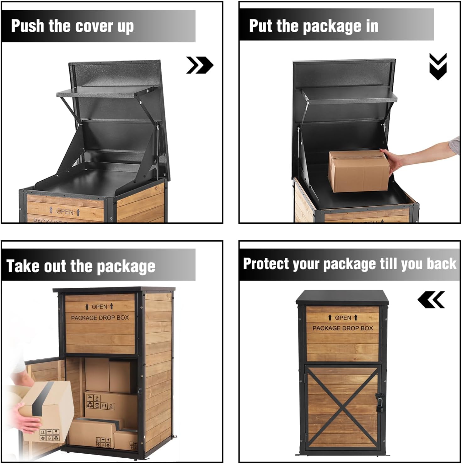 Package Delivery Box with Anti-Theft Lock & Weatherproof Design - 40+ Gallon Large Outdoor Parcel Drop Box for Porch, Metal/Wood Frame for UPS/FedEx Deliveries