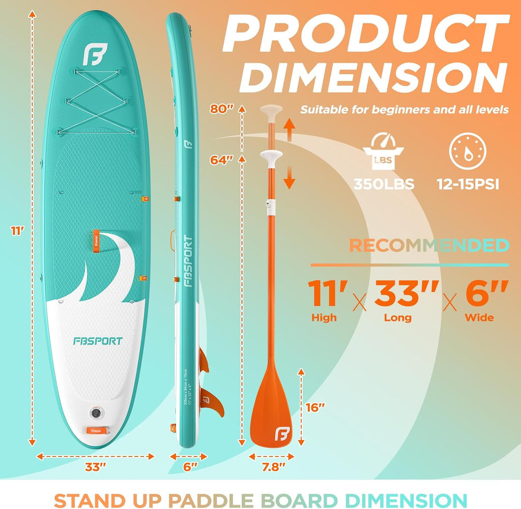 FBSPORT 11' Premium Stand Up Paddle Board, Yoga Board with SUP Accessories & Carry Bag | Wide Stance, Surf Control, Non-Slip Deck, Leash, Paddle and Pump for Youth & Adult