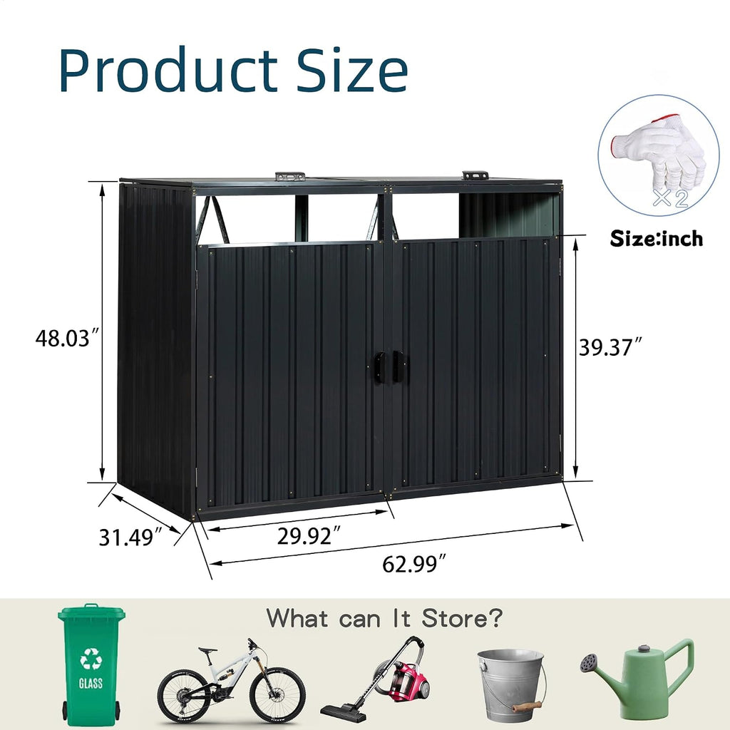 55.1 Cu.Ft Outdoor Trash Can Storage Shed, Metal Trash Can Storage Bin with Spring Chain Lid for Garbage Storage, Waterproof Storage Shed Stores for 2 Trash Cans, Garden Tools, Black