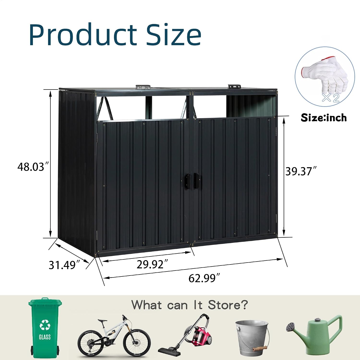 55.1 Cu.Ft Outdoor Trash Can Storage Shed, Metal Trash Can Storage Bin with Spring Chain Lid for Garbage Storage, Waterproof Storage Shed Stores for 2 Trash Cans, Garden Tools, Black