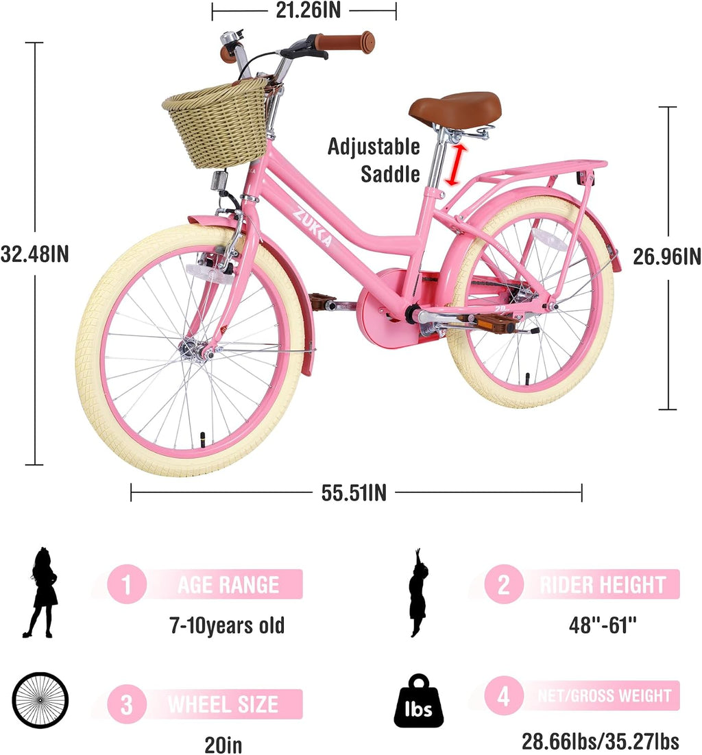 WEEROCK Girls Bike 20/24 Inch Kid Bicycle for 7 + Years Old, 20' 24' Bikes with Front Basket and Rear Rack, V and Coaster Brake for Children, Student Multiple Colors
