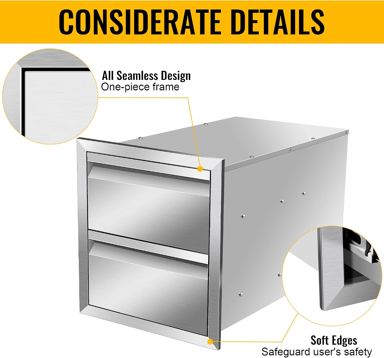 Outdoor Kitchen Drawers, 14W x 15H x 23D Stainless Steel Flush Mount BBQ Double Drawers for Outdoor Kitchen Island, or Patio Grill Station