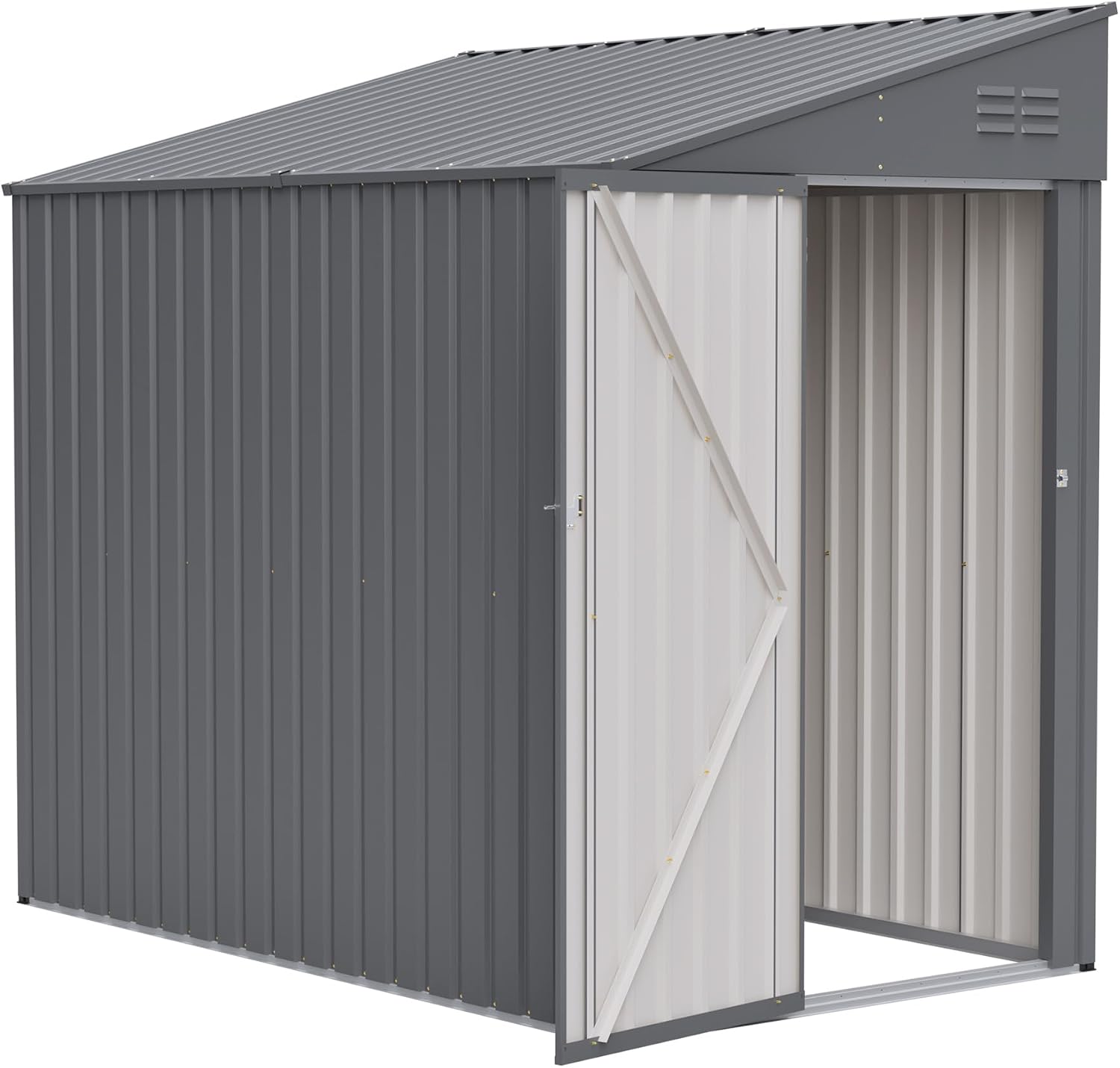 YOPTO 4x7 FT Outdoor Storage Shed,Lean to Lockable Metal Garden Shed Steel with Reinforced Beams,All Weather Waterproof Storage House W/Lockable Door,for Backyard,Patio,Lawn,Garden,Dark Gray