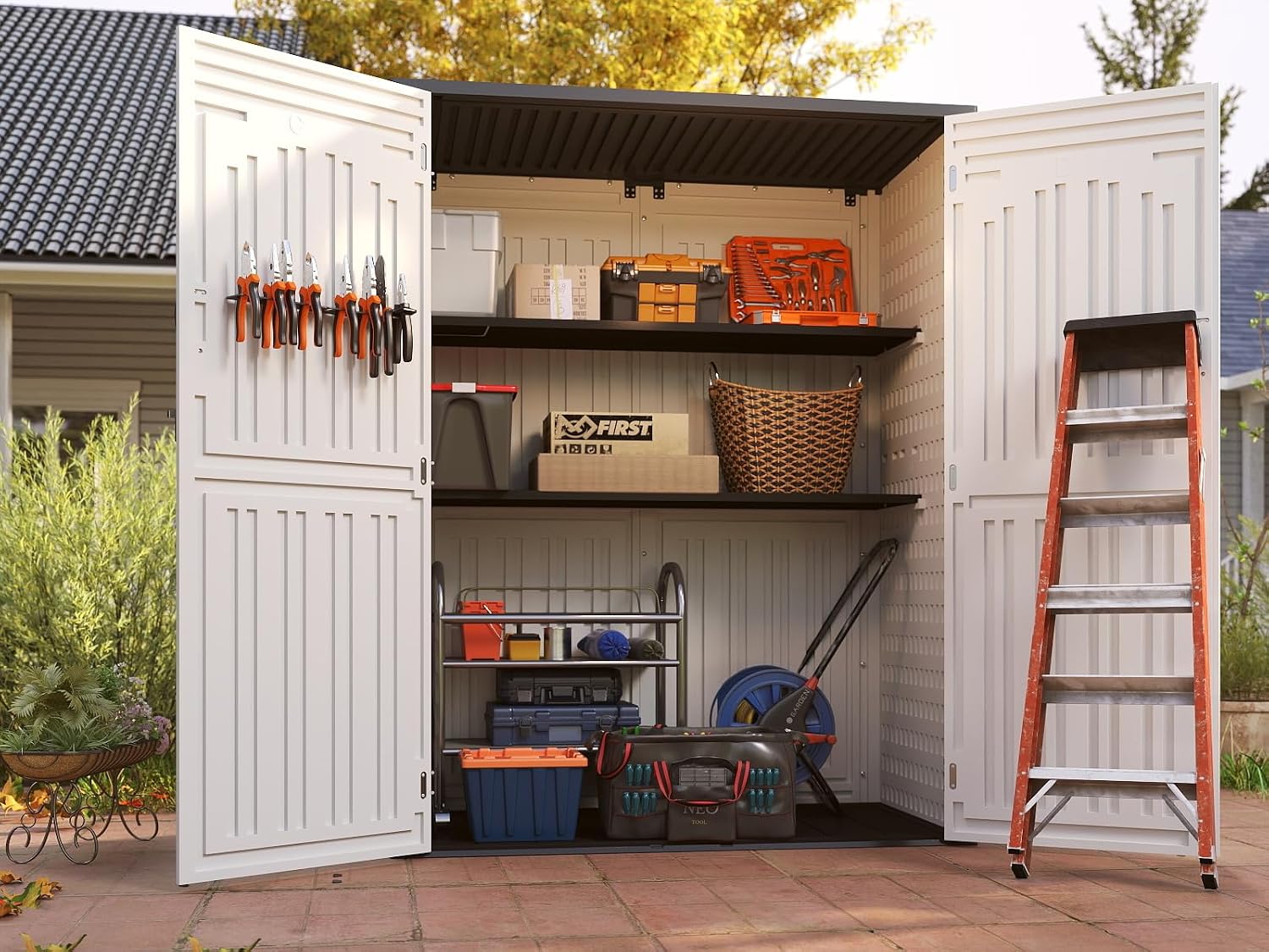 EHHLY Vertical Resin Storage Shed, 60 Cuft Garden Tool Sheds & Outdoor Storage, Plastic Outdoor Storage Cabinet Waterproof, 4.5 x 2.3 ft Backyard Outside Lawn Mower Storage Shed, Light Grey
