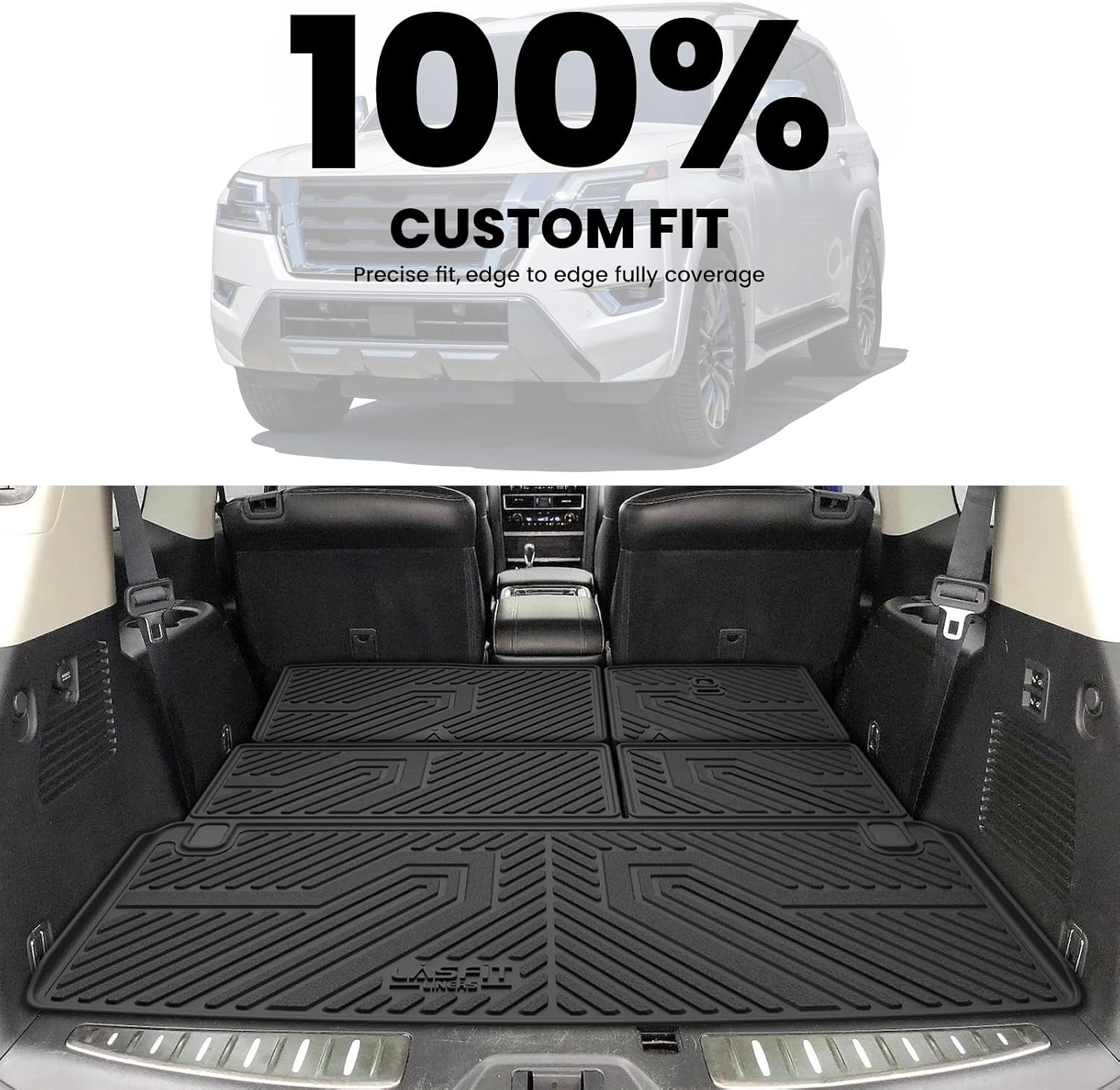 LASFIT Cargo Mat & Backrest Mats for Nissan Armada/Infiniti QX80 2019-2024, All Weather TPE Custom Fit Easy Clean Durable No-Curling Trunk Mat for Armada & QX80, Black