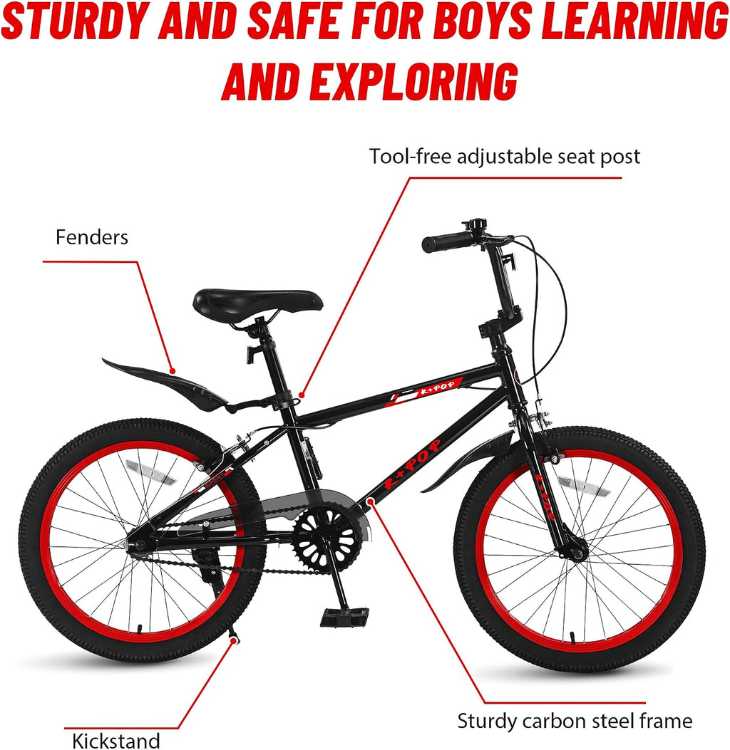 20 Inch Kids' Bike for Boys Aged 7-12, BMX-Style Boys Bike for Kids, Lightweight Children's Bicycles, Kids' Bicycles with Front and Rear Brakes, Adjustable Seat, Kickstand