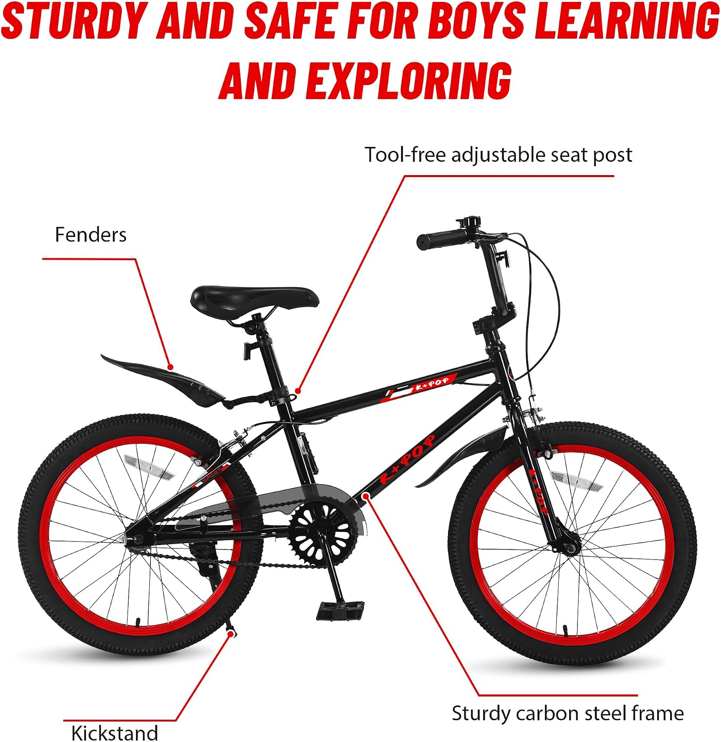 20 Inch Kids' Bike for Boys Aged 7-12, BMX-Style Boys Bike for Kids, Lightweight Children's Bicycles, Kids' Bicycles with Front and Rear Brakes, Adjustable Seat, Kickstand