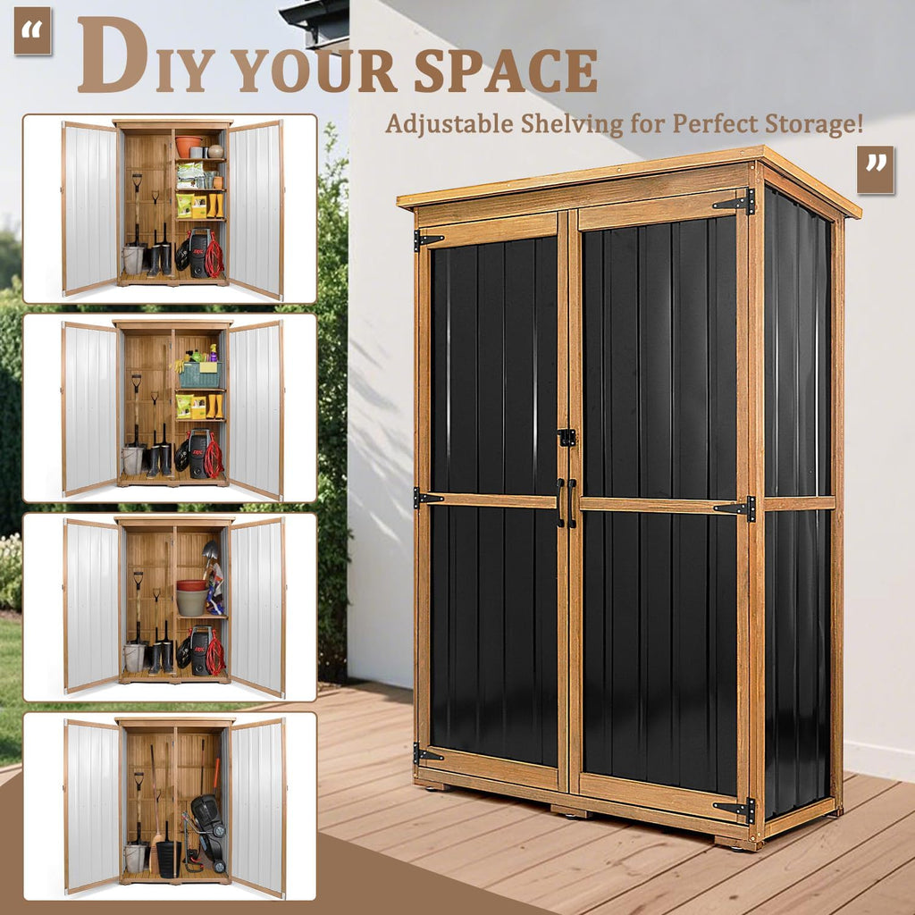 46' L Outdoor Storage Cabinet with Shelves, Wood & Metal Storage Shed with Waterproof Roof, Outside Storage Cabinet Weather-Resistant for Garage Patio Backyard Garden