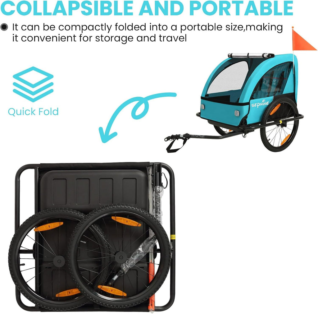 Sepnine Kids Bike Trailer, Suitable for 1 to 2 Children, Double Seat, Universal Coupler, Foldable, Canopy with Bug Screen and Weather Shield, with 5-Point Harness and Storage Bags