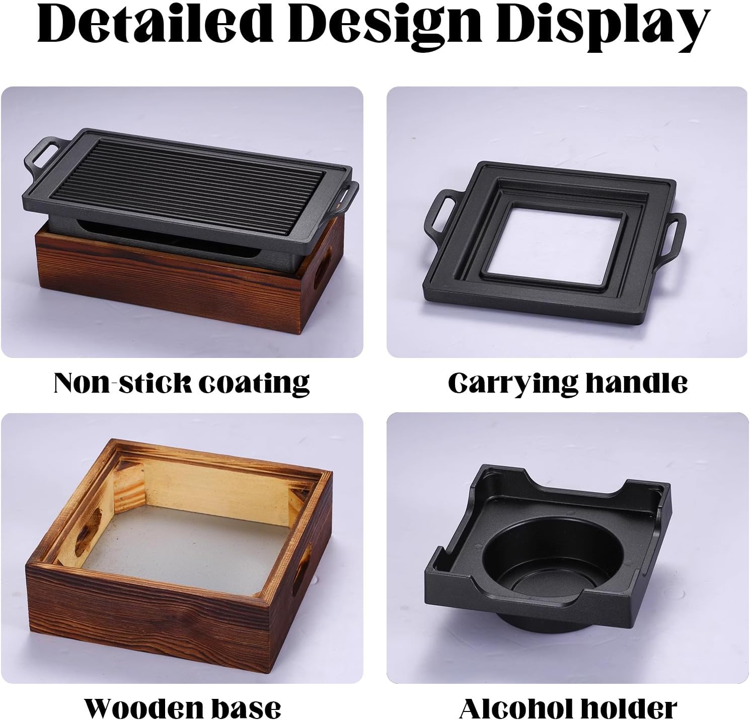Korean Japanese Barbecue Grill Smokeless Portable BBQ Grill with Wooden Base and Alcohol Tray for Indoor Camping Garden,32 * 21cm