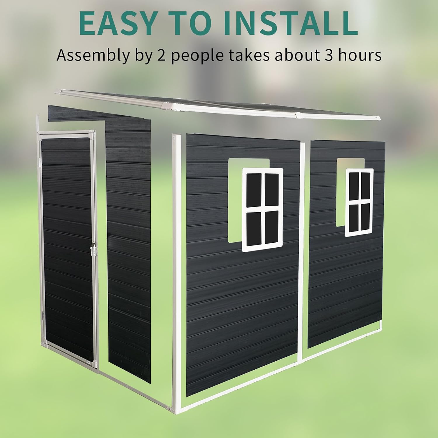 8x4FT Plastic Sheds & Outdoor Storage, Resin Shed with Floor, Plastic Storage Shed with Double Lockable Doors, Windows & Steel Frame, Lawn Mower Shed for Backyard/Garden Tools/Bike (8x4FT Single Door)