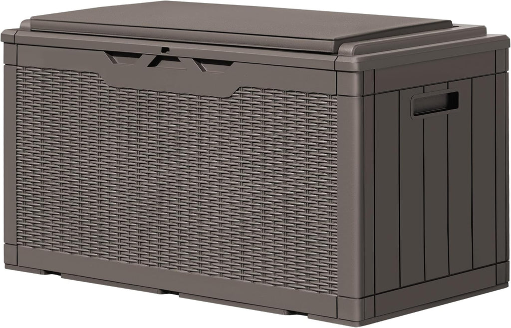 GUNJI 100 Gallon Resin Deck Box with Cushion,Outdoor Weatherproof Large Storage Box,Lockable Storage Container for Patio Furniture,Garden Tools,Pool Supplies (Brown)