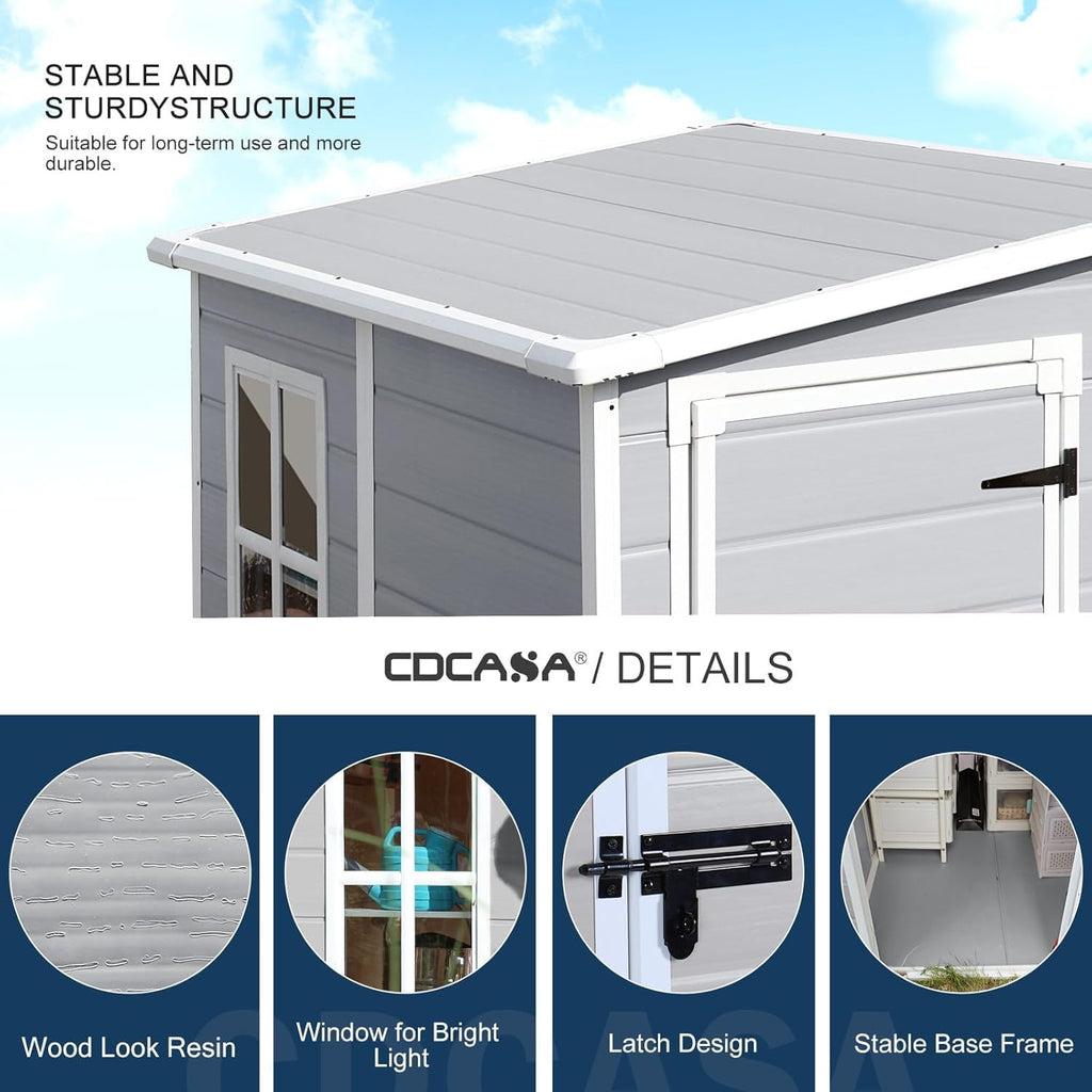 CDCASA 5x4 FT Resin Storage Shed, Waterproof Sheds & Outdoor Storage with Floor & Window & Lockable Door, Tool Shed for Garden, Patio, Backyard, Light Grey