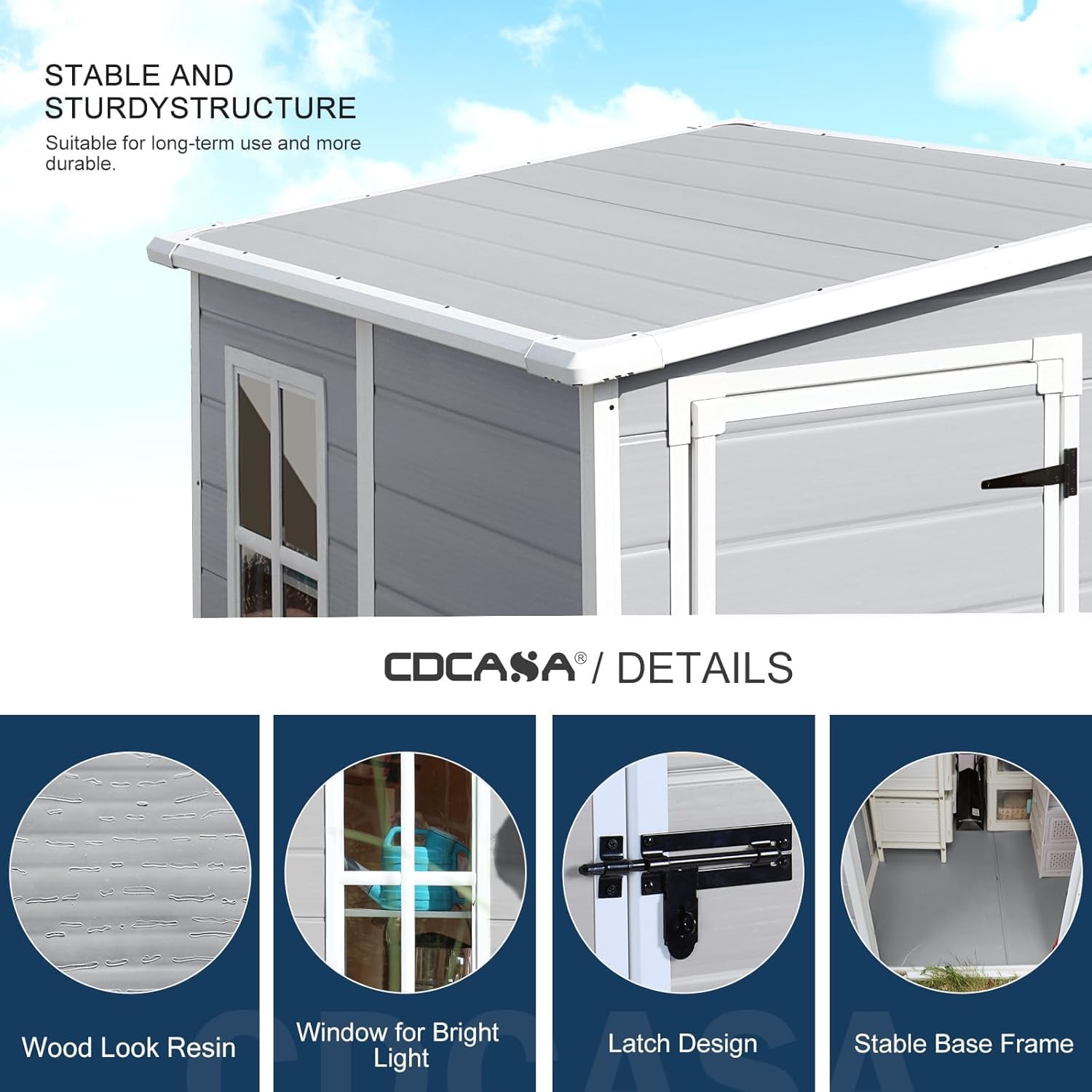 CDCASA 5x4 FT Resin Storage Shed, Waterproof Sheds & Outdoor Storage with Floor & Window & Lockable Door, Tool Shed for Garden, Patio, Backyard, Light Grey