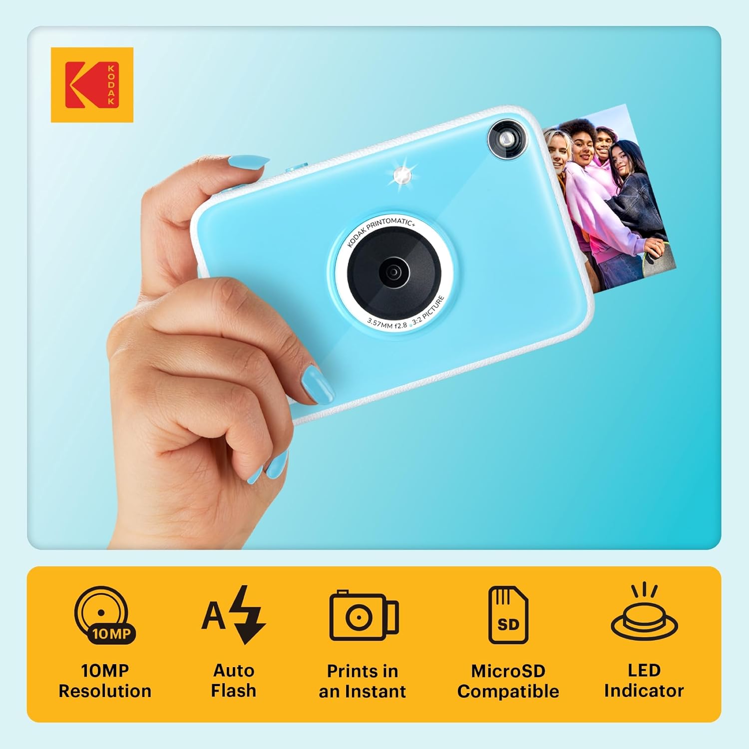 Kodak Printomatic+ Full Color Instant Print Digital Camera Gift Bundle + Case + Zink 2x3 Sticky Back Photo Paper 20pk + Album + Sticker Sets + Sticker Frames + Hanging Frames + Markers - Blue