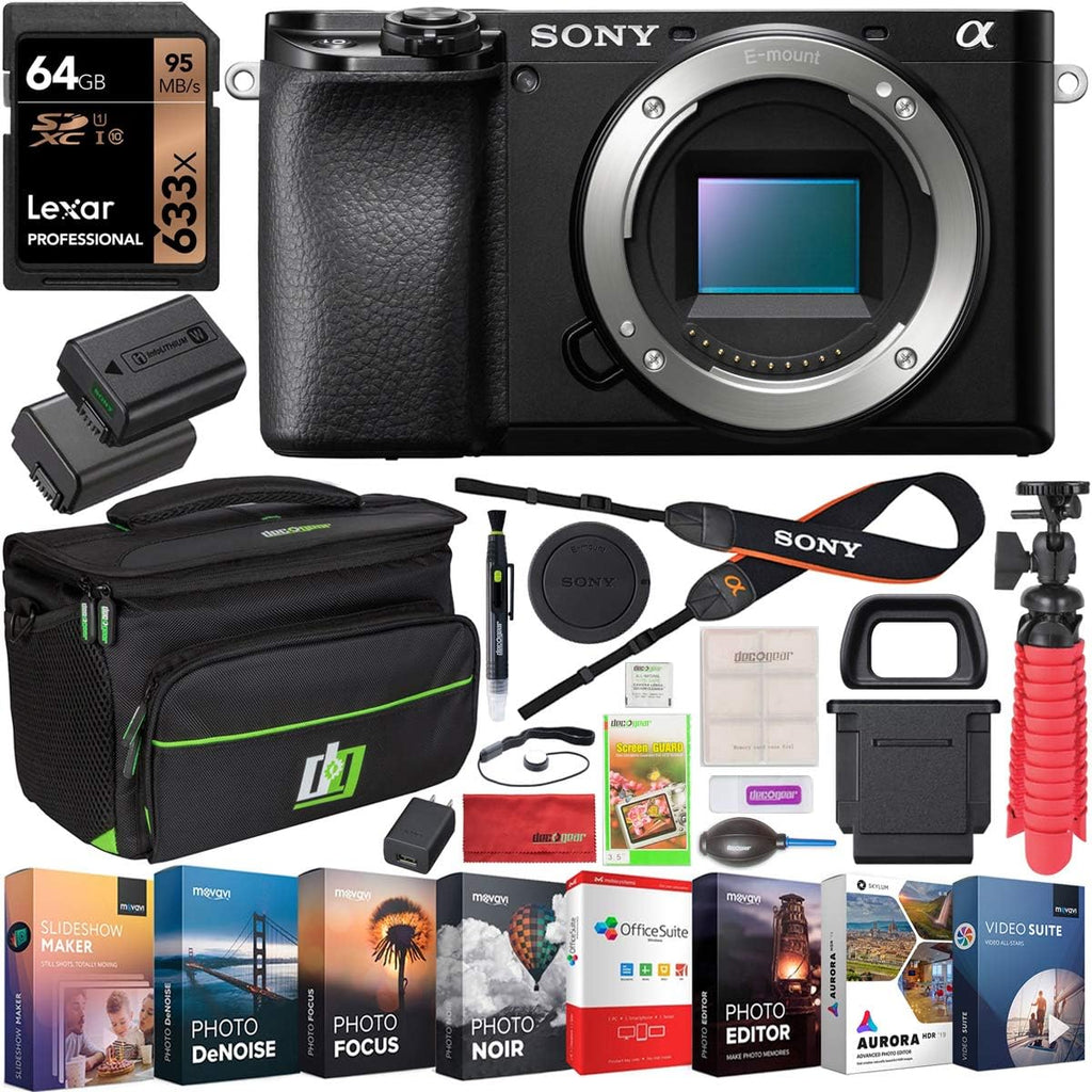 Sony a6100 Mirrorless Camera | Official Sony USA Partner Model | 4K APS-C Body Only Interchangeable Lens Camera ILCE-6100B Bundle with 2X Battery + Deco Gear Bag Case + 64GB Memory Card + Software Kit