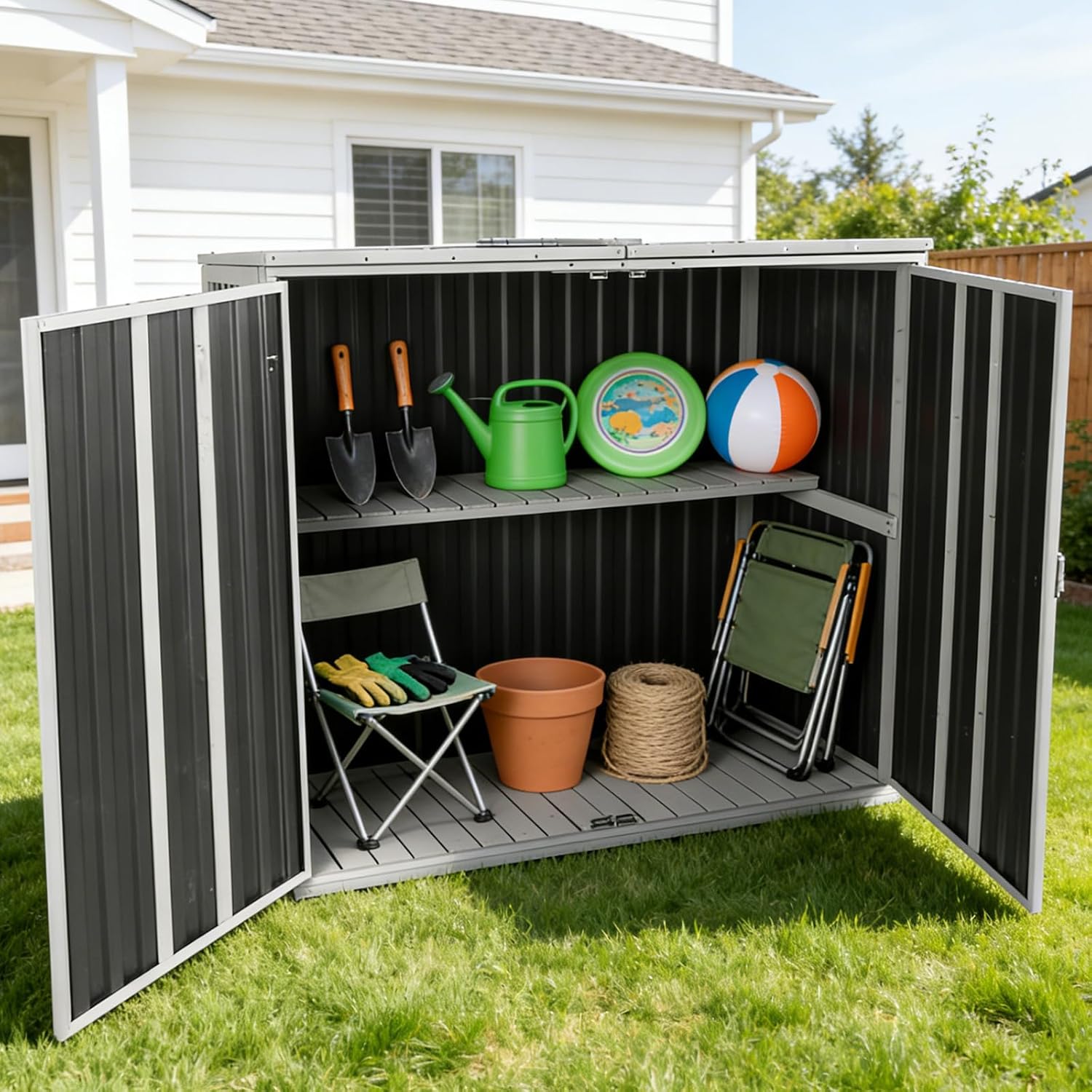 Outdoor Storage Shed with Metal and Wood Frame, Resin Garden Sheds with Removable Shelves and Floor, Weatherproof Plastic Roof Outdoor Trash Can Shed, Horizontal Storage Cabinet for Patio(Black)