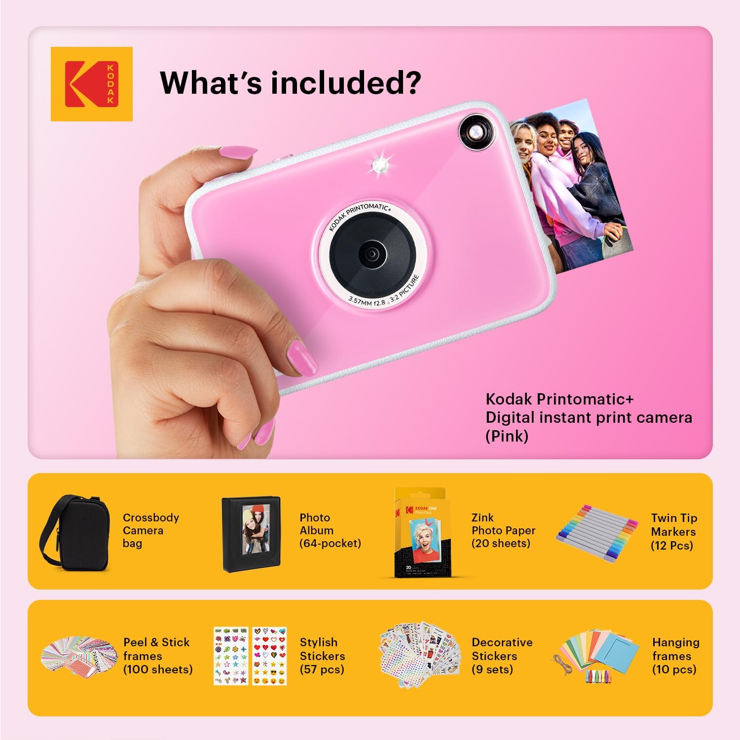 Kodak Printomatic+ Full Color Instant Print Digital Camera Gift Bundle + Case + Zink 2x3 Sticky Back Photo Paper 20pk + Album + Sticker Sets + Sticker Frames + Hanging Frames + Markers - Pink