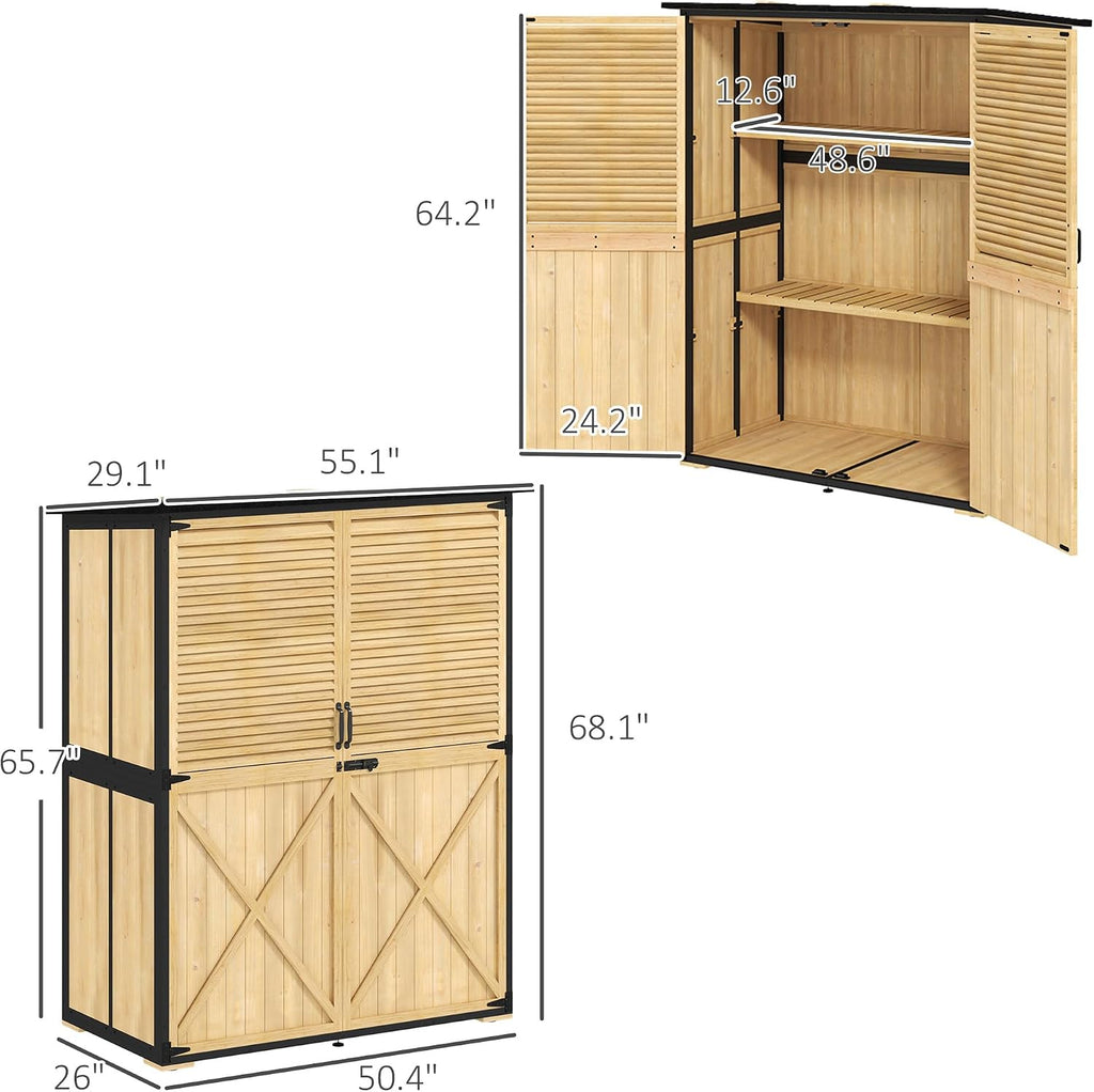 Outsunny Outdoor Storage Cabinet, Wood Garden Tool Shed with Lock, Steel Frame and Asphalt Roof, Garden Storage Shed with Adjustable Shelves and Feet for Patio Backyard Lawn, Natural