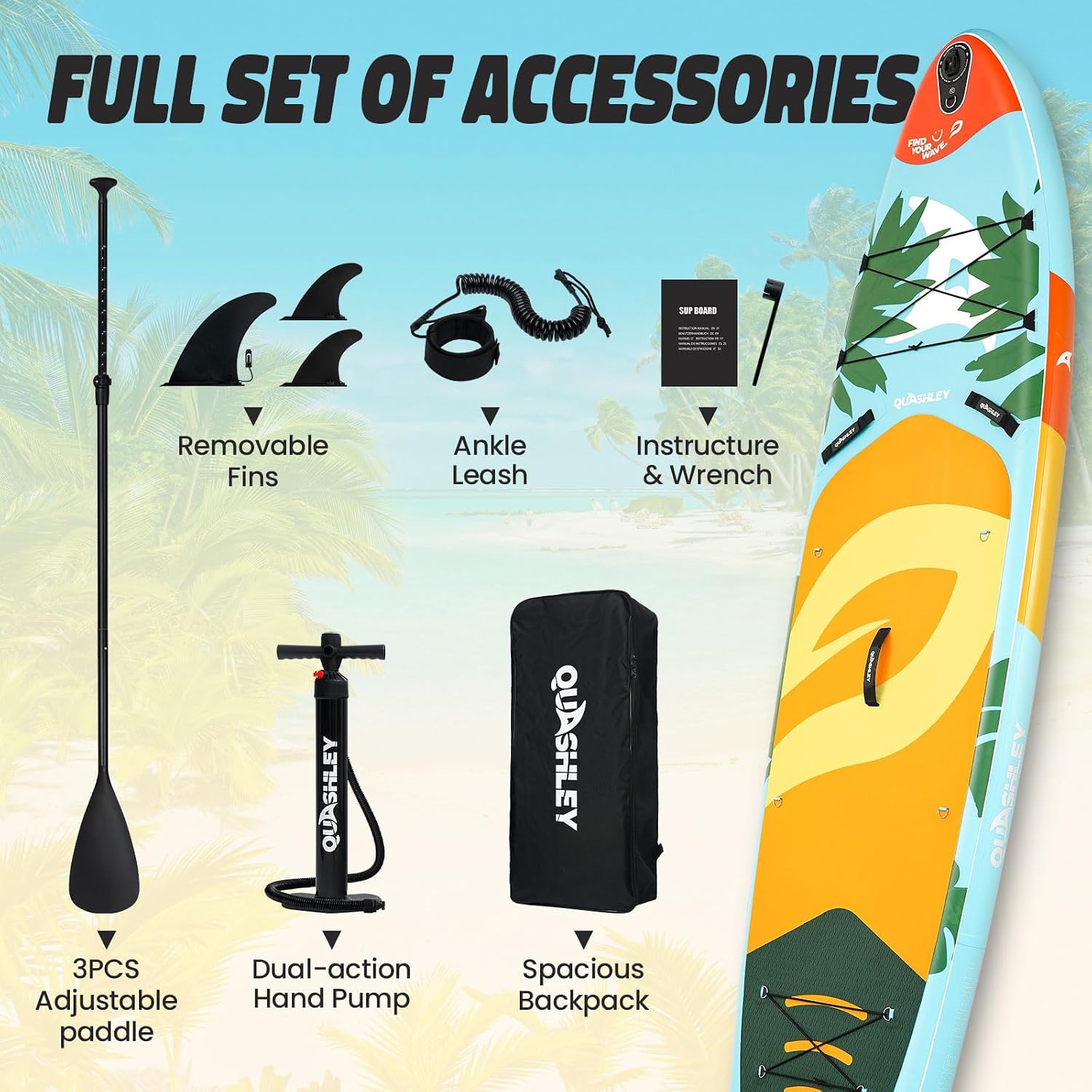 Quashley Inflatable Paddle Board Extra Wide Stand Up Paddleboards 11'×34' with All Premium Paddle Board Accessories,Inflatable SUP for Adults/Family,Beginner-Friendly,Removable Fin,Hand Pump