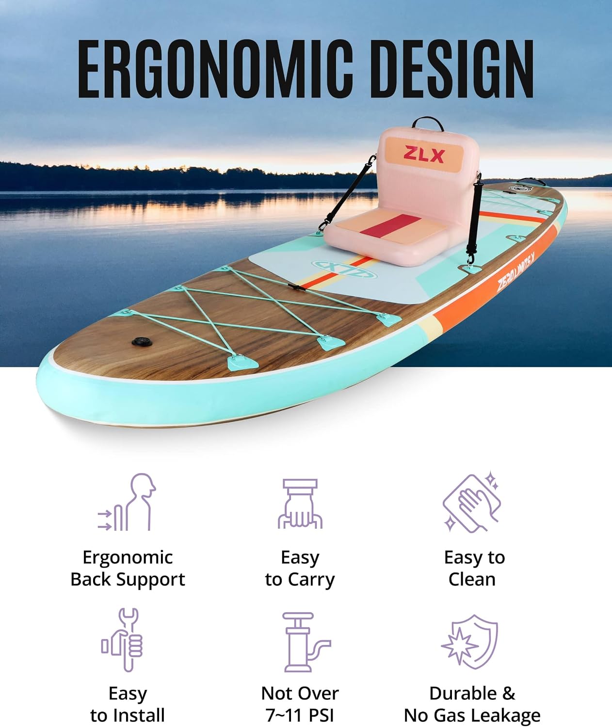 ZLX Paddle Board Seat with Back Support, Portable Kayak Seat, Air Pump Included, Universal Inflatable Seat for Adults, Foldable Ergonomic Design, Easy Install for Outdoor Fishing/Kayaking/Camping