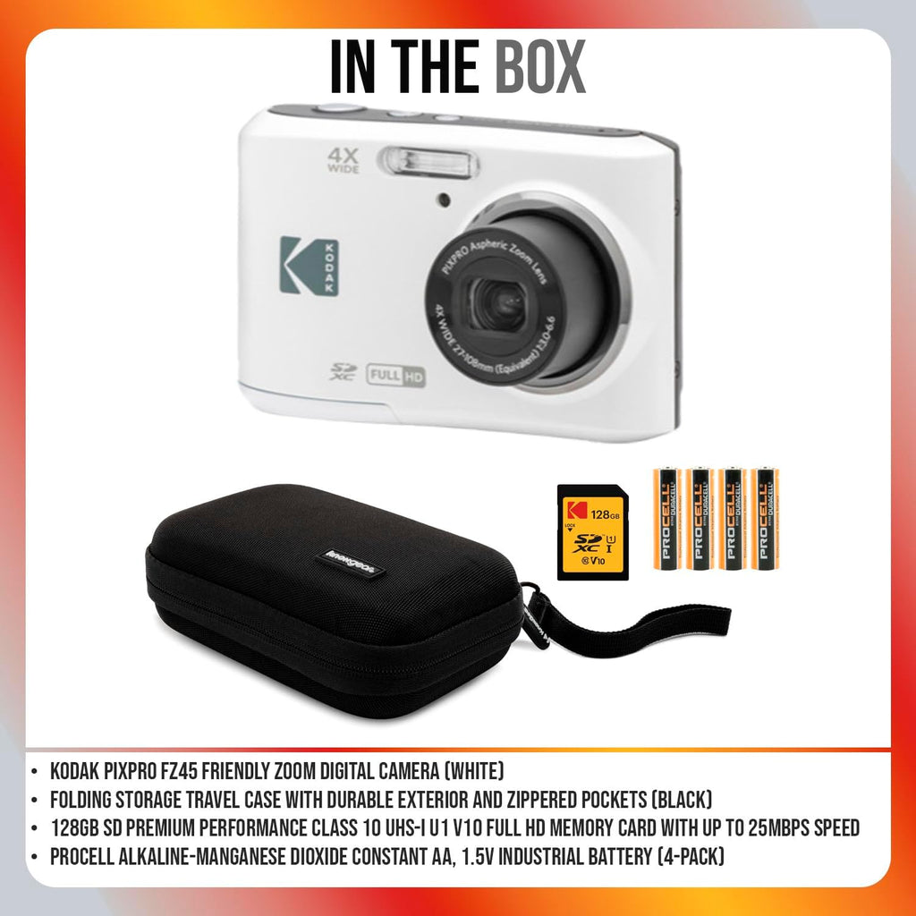 Kodak PIXPRO FZ45 Friendly Zoom Digital Camera (White) Bundle with Folding Storage Travel Case, 128GB SD Class 10 UHS-I U1 V10 Full HD Memory Card, and Procell AA (4-Pack) (4 Items)
