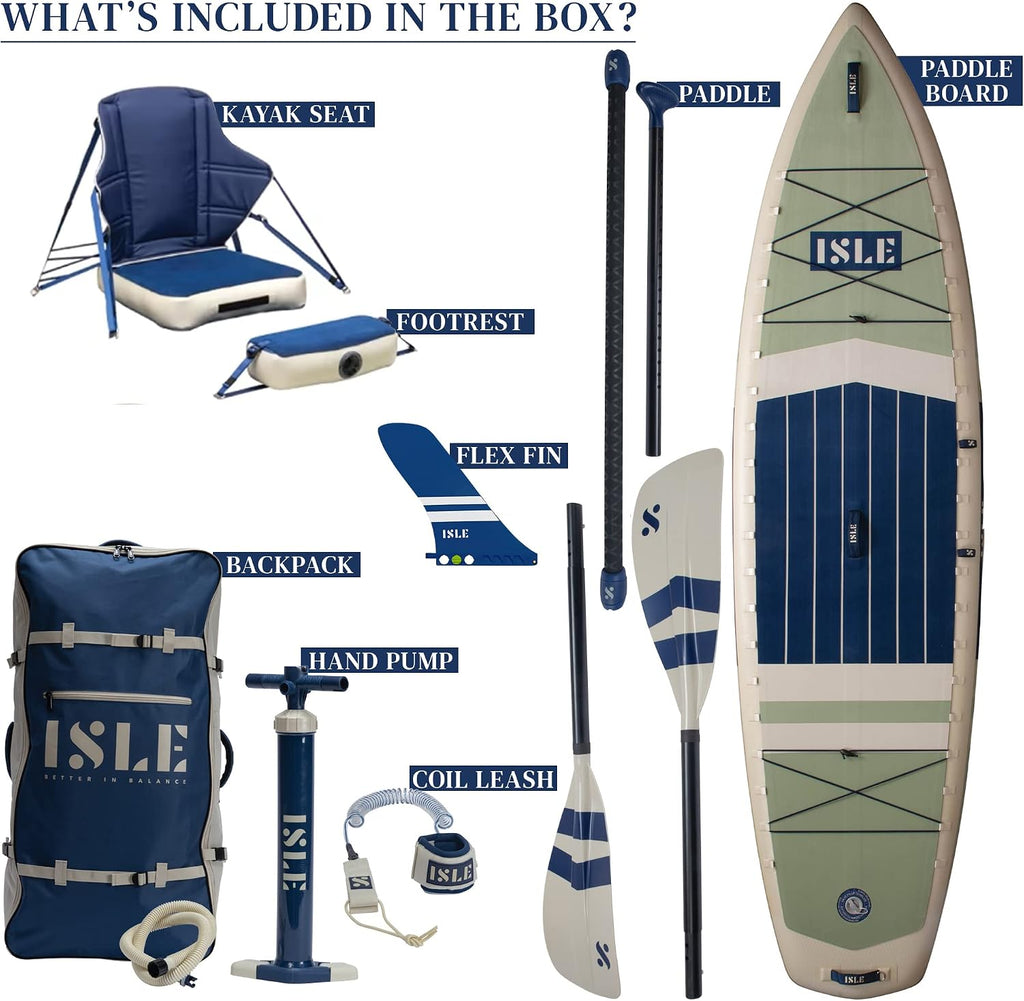 ISLE 2in1 Kayak & Paddle Board Bundle - Stand Up Paddle Board & Kayak, Incl. Seat, Paddle, Pump, Bag, 11.6 x 35.5 x 6 in - max. 425 lbs