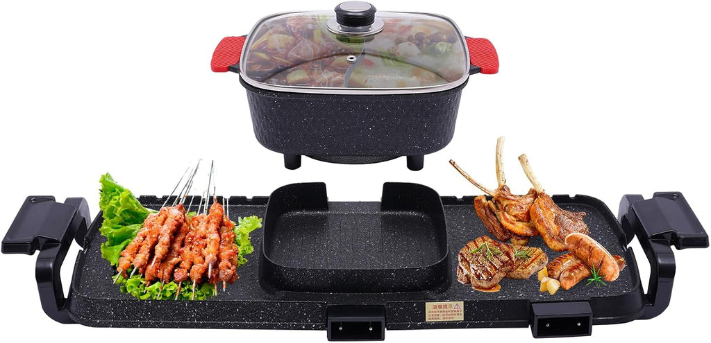 2-in-1 Barbecue Hot Pot, Indoor Korean BBQ & Grill, Non-Stick Electric Shabu Pot with Dual Temperature Control, Smoke-Free Portable Stove for 2-10 People, 110V