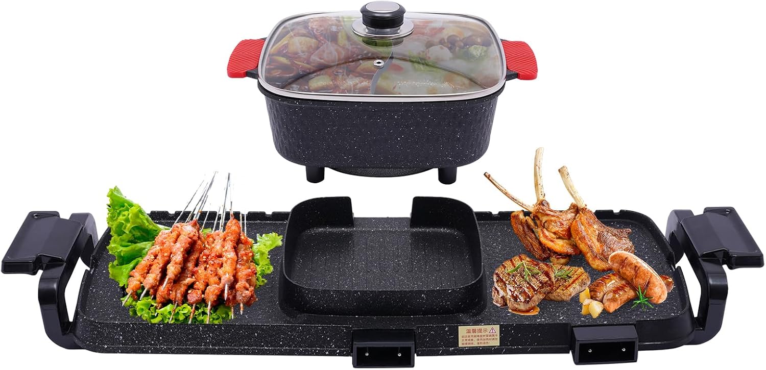 2-in-1 Barbecue Hot Pot, Indoor Korean BBQ & Grill, Non-Stick Electric Shabu Pot with Dual Temperature Control, Smoke-Free Portable Stove for 2-10 People, 110V