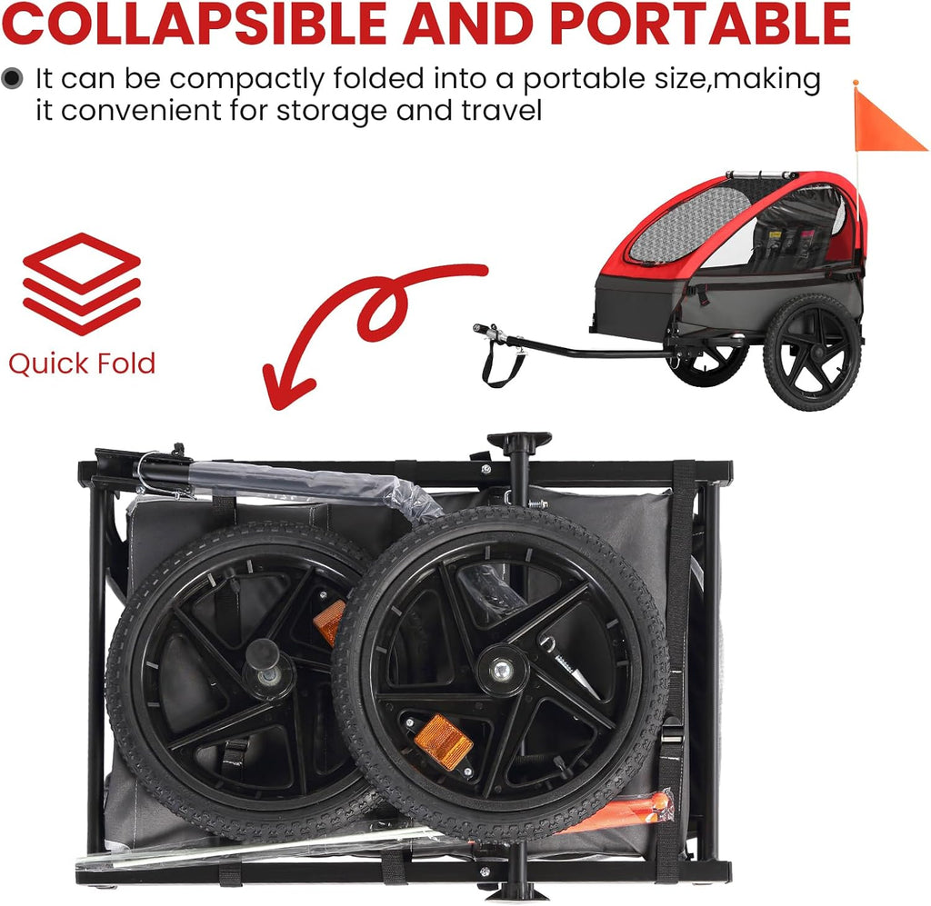 Sepnine Kids Bike Trailer, Suitable for 1 to 2 Kids, 12+ Months, Quick Attach to Bike, Foldable, with 5-Point Harness and Storage Bags