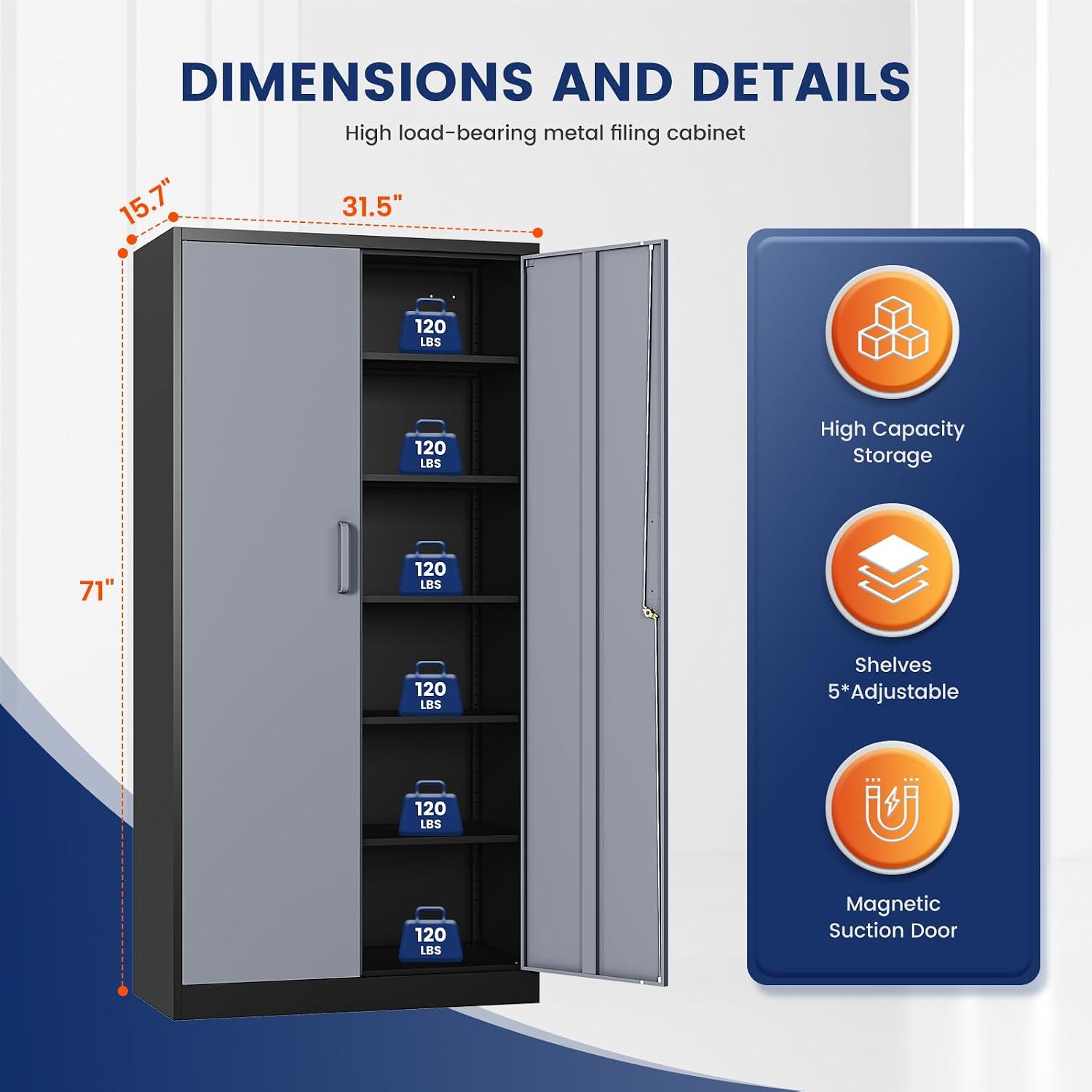 Yizosh Metal Garage Storage Cabinet with 2 Doors and 5 Adjustable Shelves - 71' Steel Lockable File Cabinet,Locking Tool Cabinets for Office,Home,Garage,Gym,School (Gray Black)