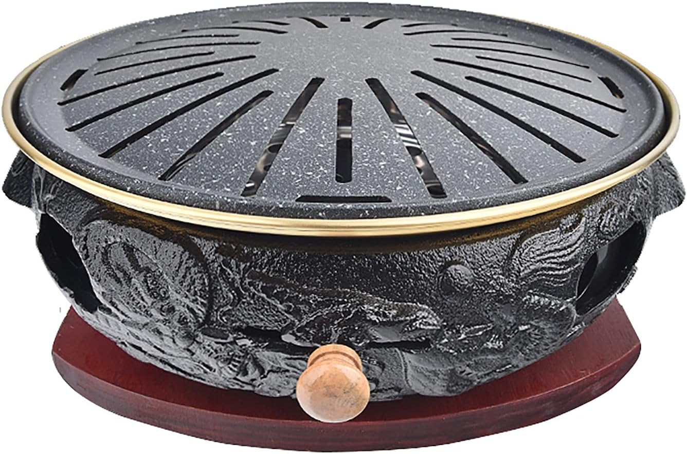 BBQ Barbeque Barbecue Grill, BBQ, Top Korean Smokeless Charcoal Dragon Pattern Cast Iron Grill, Stainless Steel Striped Plate, 18 Styles (Color : Q)