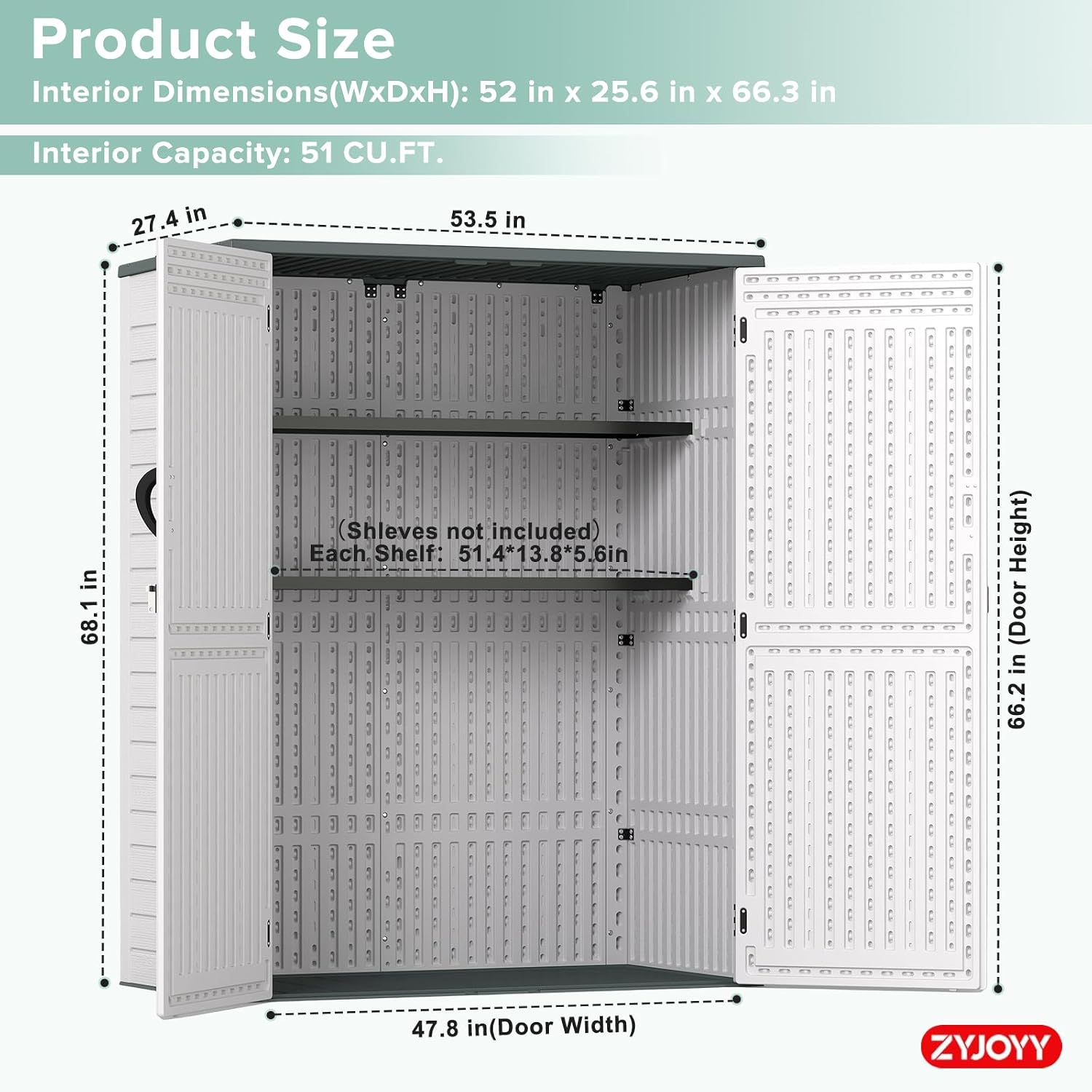 ZYJOYY 4.5 x 5.7 FT Outdoor Storage Shed, 59 Cuft Outside Waterproof Storage Cabinet, HDPE Resin Plastic 385 Gallon Outdoor Storage Container, Vertical Lockable Storage Shed, Light Grey