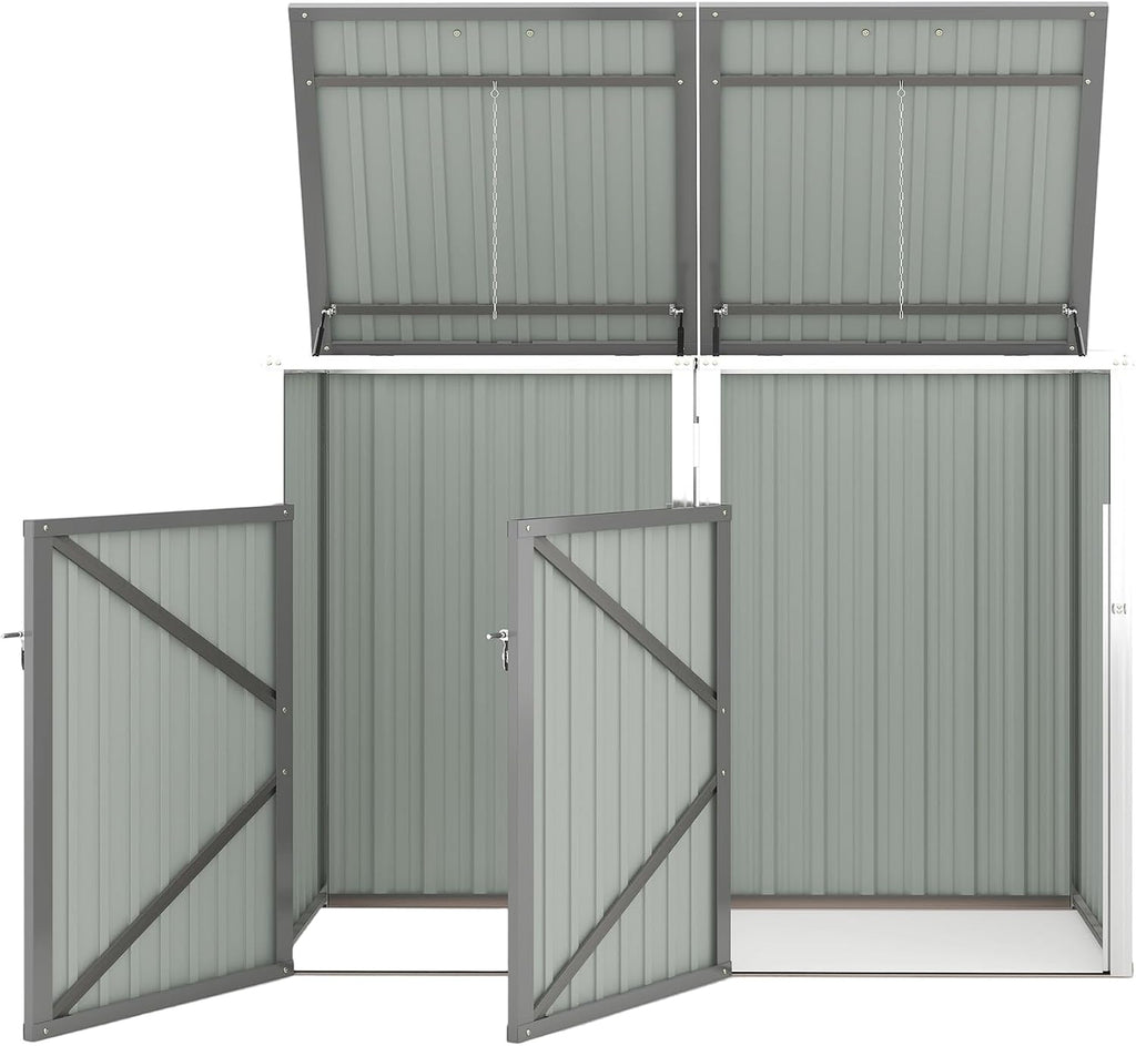 Garbage Bin Storage Shed for 2 Trash Cans, 54 Cu Ft Outdoor Metal Trash Can Enclosure, Galvanized Steel Utility Shed for Garden, Yard, Lawn, Snow Prevention，Easy Assembly (Light Gray, 2 Doors)