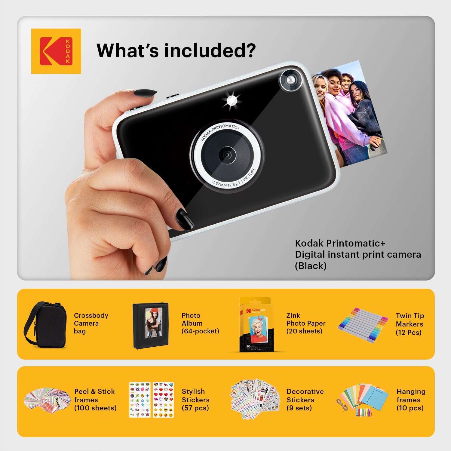 Kodak Printomatic+ Full Color Instant Print Digital Camera Gift Bundle + Case + Zink 2x3 Sticky Back Photo Paper 20pk + Album + Sticker Sets + Sticker Frames + Hanging Frames + Markers Black