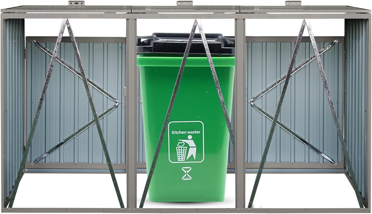 82.7 Cu.Ft Outdoor Trash Can Storage Shed, Metal Trash Can Storage Bin with Spring Chain Lid for Garbage Storage, Waterproof Storage Shed Stores for 3 Trash Cans, Garden Tools, Gray
