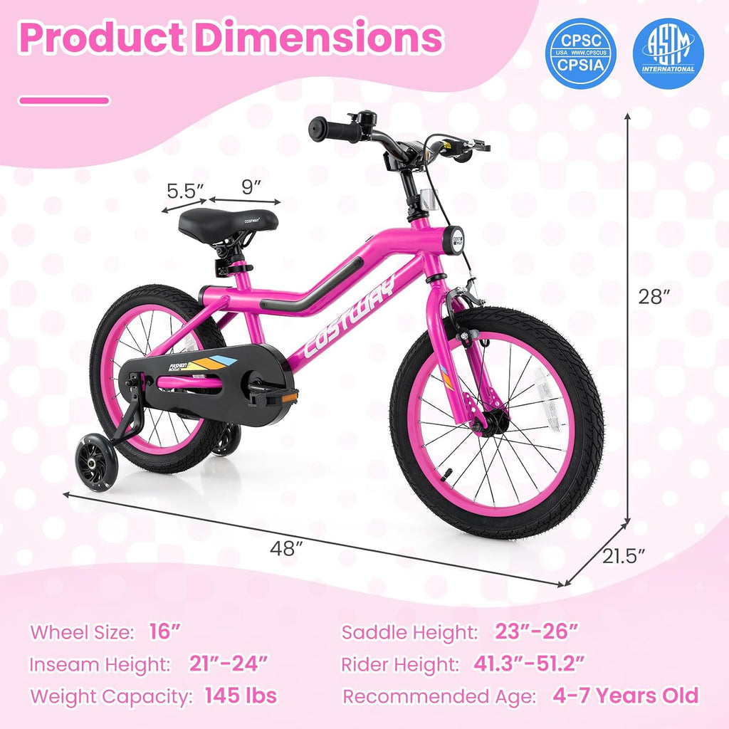 COSTWAY 16'/18' Lighted Kids Bike, Children Sport Bicycle with LED Light-up Frame, Adjustable Saddle, Training Wheels, Handbrake & Coaster Brake, Kids Riding Bike for 4-7/4-8 Years Old Boys & Girls