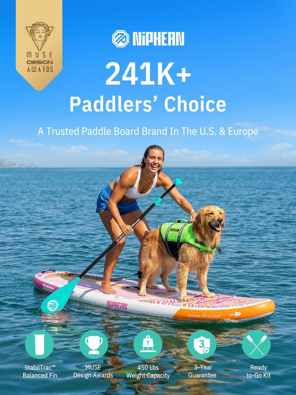 Niphean Inflatable Stand Up Paddle Board with SUP Accessories, Anti-Slip EVA Deck, 10'6'' Inflatable Paddle Boards for Adults & Youth of All Skill Levels