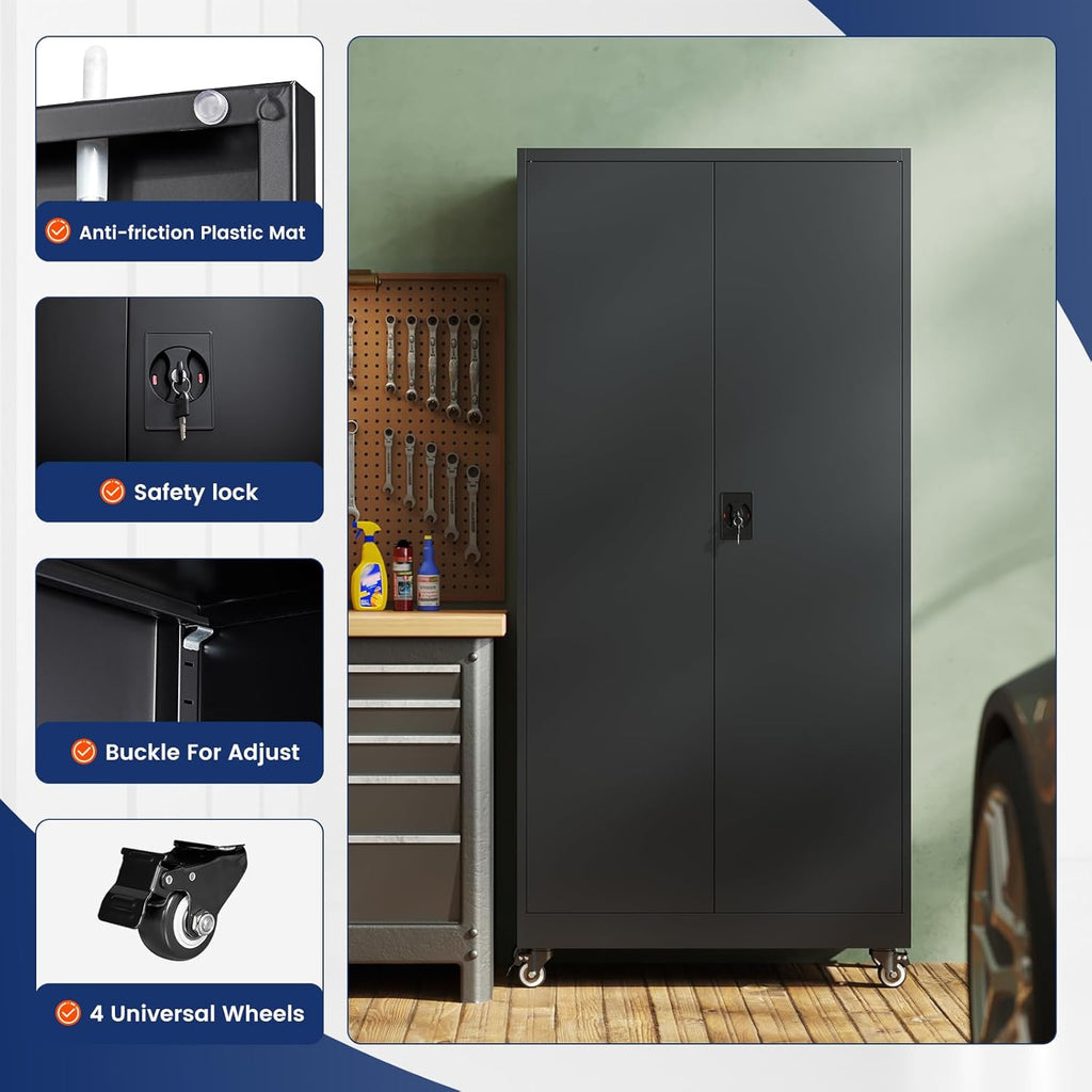 Yizosh Metal Garage Storage Cabinet with Locking Doors and Adjustable Shelves,- 75' Rolling Steel Tool Cabinet for Home Office,Garage,Warehouse