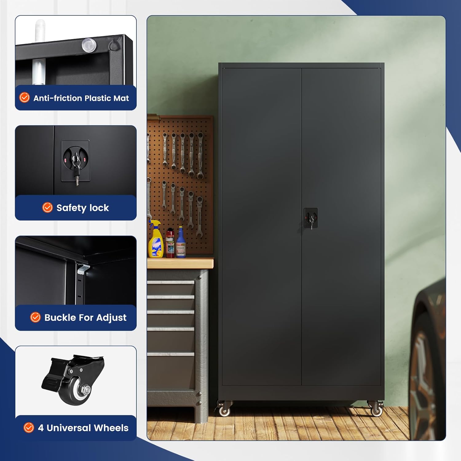 Yizosh Metal Garage Storage Cabinet with Locking Doors and Adjustable Shelves,- 75' Rolling Steel Tool Cabinet for Home Office,Garage,Warehouse