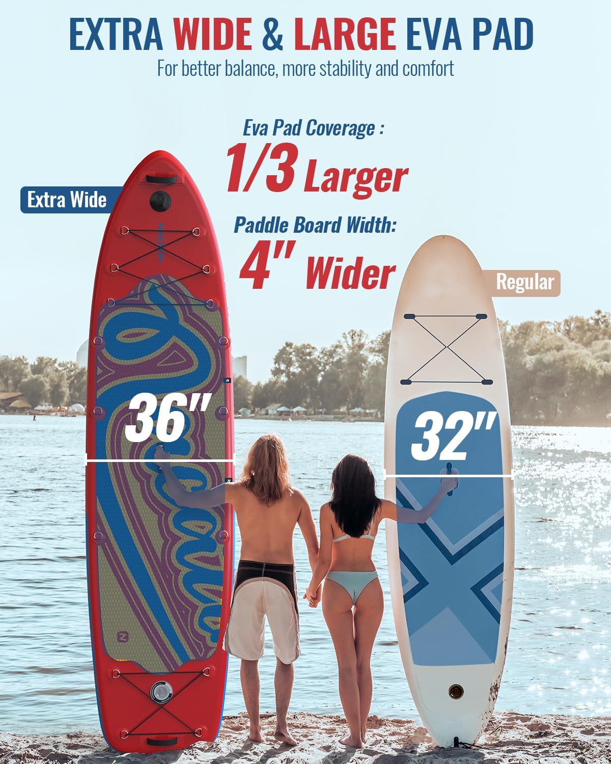 NACATIN 12'/366cm Extra Large Inflatable Stand Up Paddle Board with Seat, Wide 36'/91cm SUP Board for Adults & Family, with Single/Double Paddle, Kayak Seat, Pump, Stable Wide Deck for Beginners