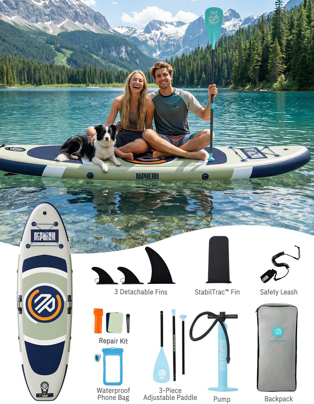 Niphean（Ultra-Light） Inflatable Paddle Board with StabilTrac Fin and Durable SUP Accessories, 10' Stand Up Paddle Boards for Adults & Youth, Versatile Yoga Paddle Board, Gift Ideas