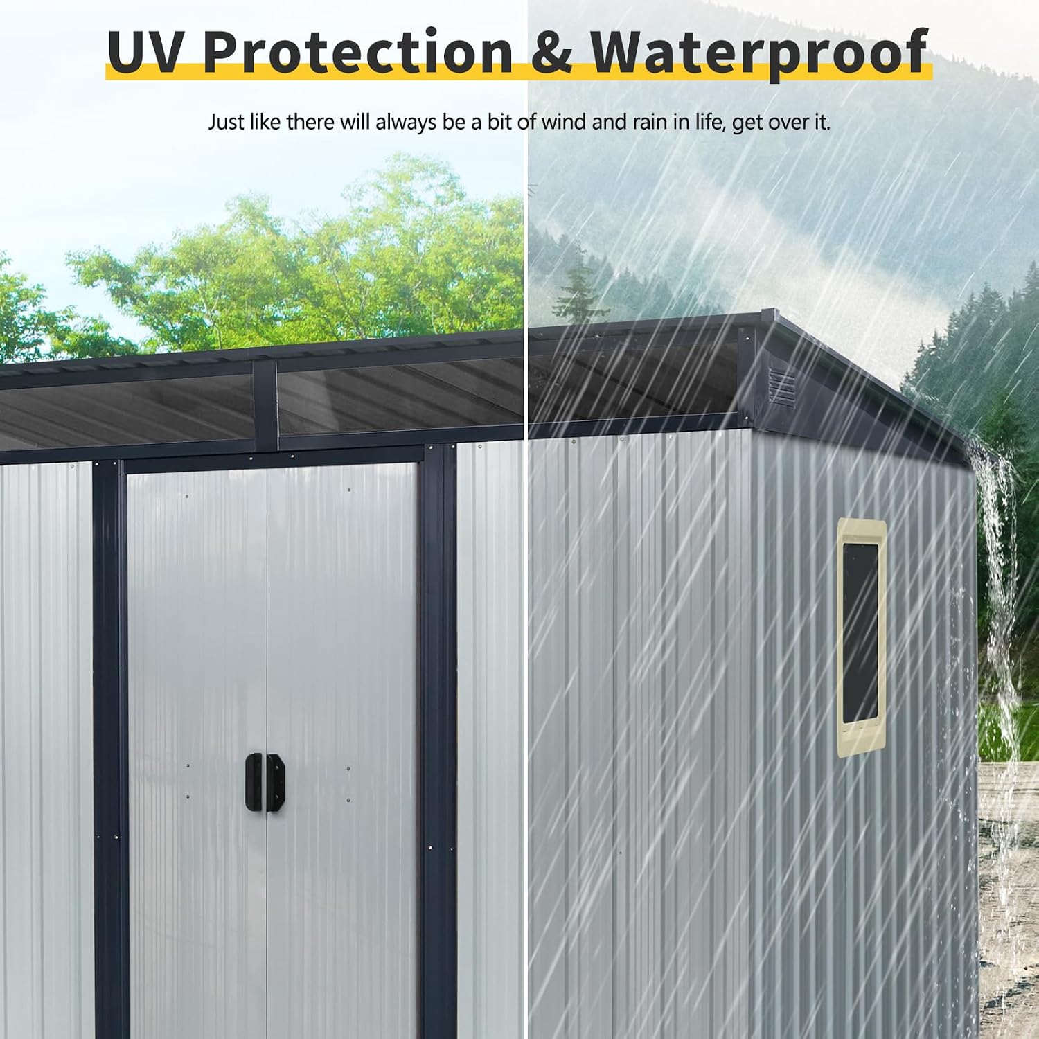 8x6 ft Outdoor Metal Storage Shed with Floor Floor and Window, Lockable Galvanized Steel Tool Shed with Sliding Door, Air Vent and Transparent Plate, Waterproof Garden Storage House for Backyard