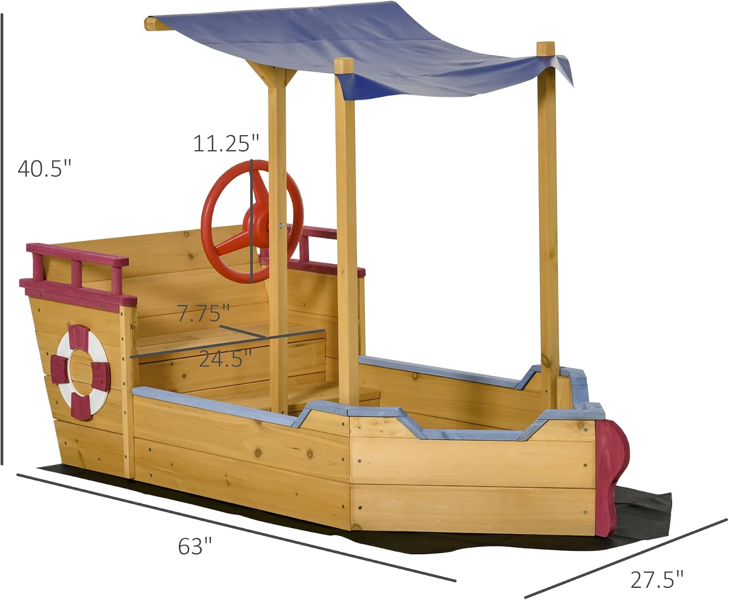 Outsunny Wooden Kids Sandbox with Canopy, Ship-Shape Outdoor Sandboat with Bench Seats, Storage, Non-Woven Fabric Cloth for Backyard, Lawn, Orange